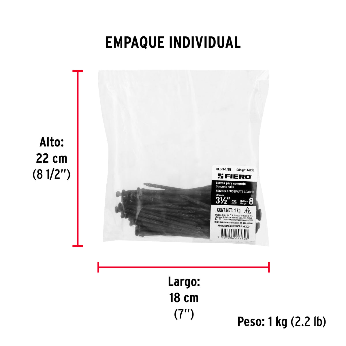 Bolsa con 1 kg de clavos para concreto negros 3-1/2', FIERO