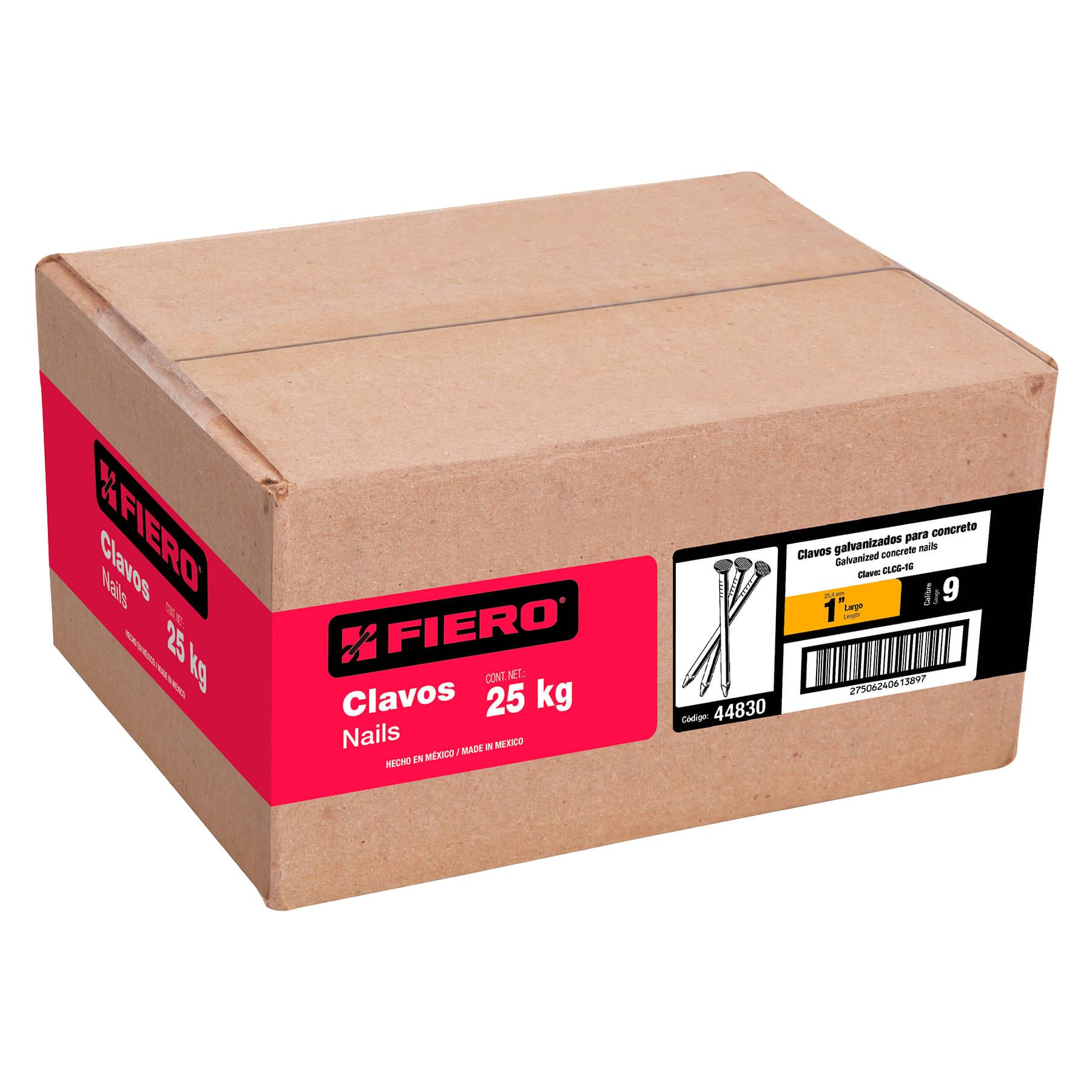 Kilo de clavos para concreto 1' galvanizado, caja de 25 kg