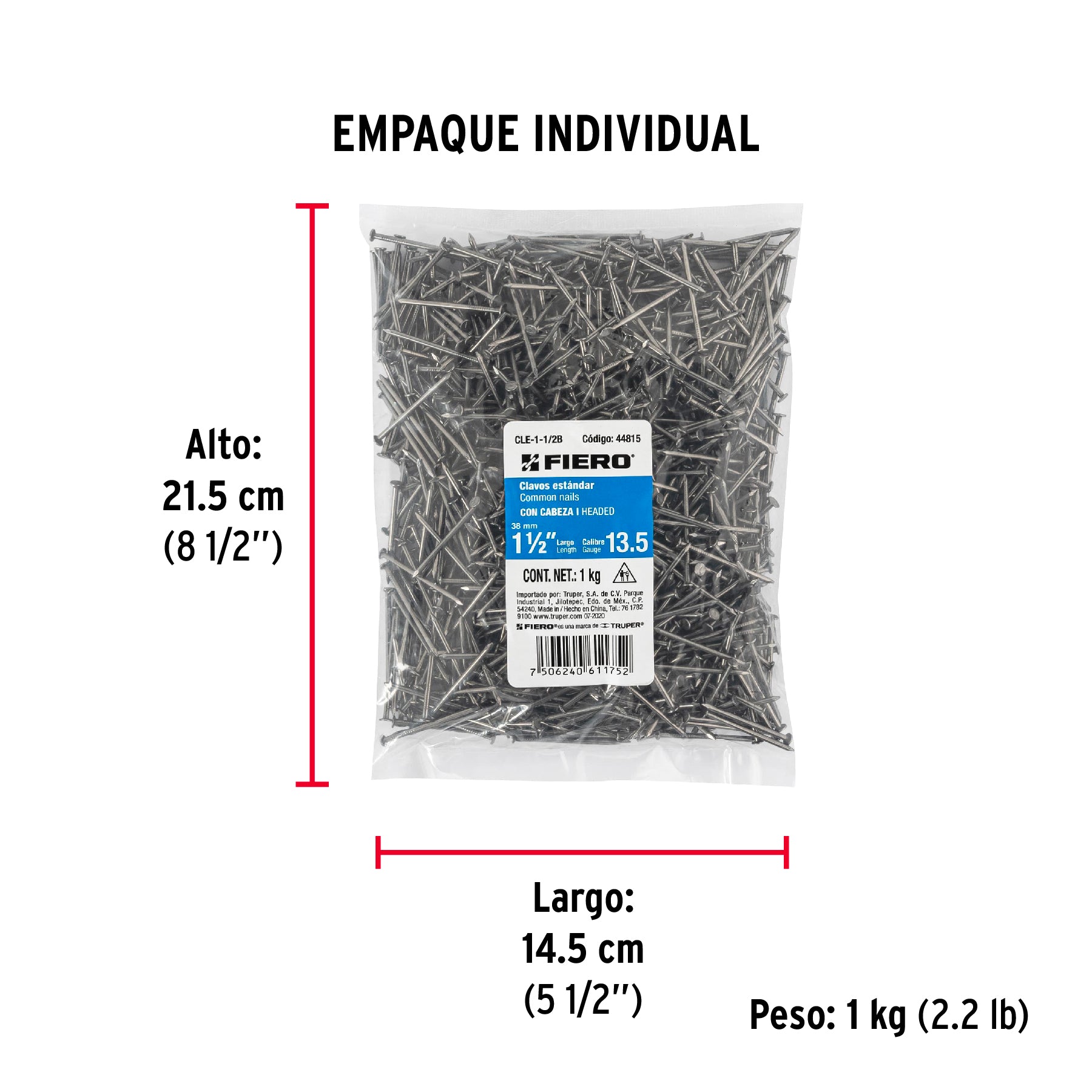 Bolsa con 1 kg de clavo estándar 1-1/2' con cabeza, FIERO