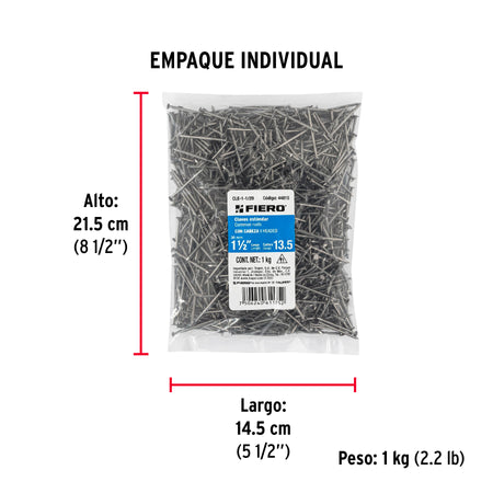 Bolsa con 1 kg de clavo estándar 1-1/2' con cabeza, FIERO