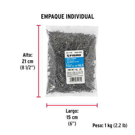 Bolsa con 1 kg de clavo estándar 1-1/4' con cabeza, FIERO