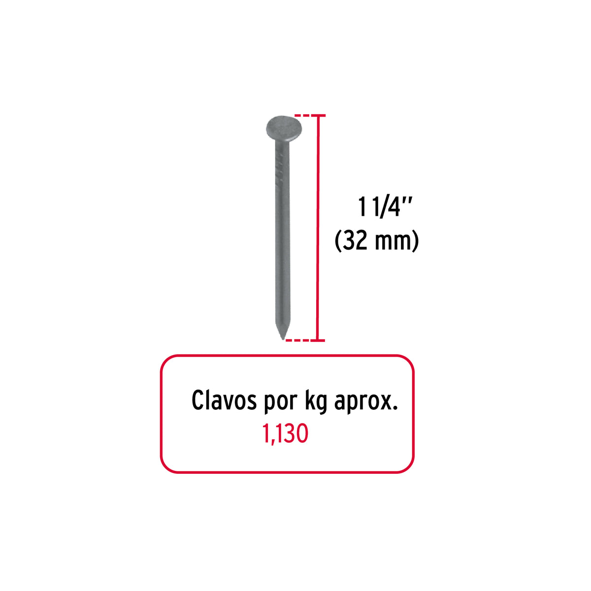 Kilo de clavo estándar 1-1/4' con cabeza en caja de 25 kg