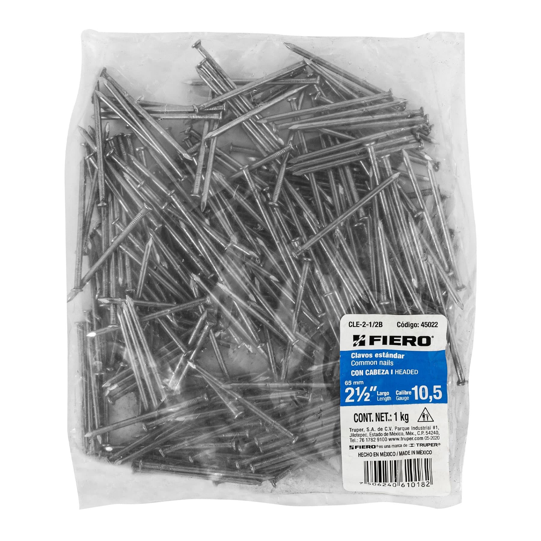 Bolsa con 1 kg de clavo estándar 2-1/2' con cabeza, FIERO