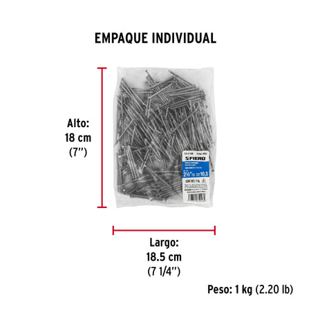 Bolsa con 1 kg de clavo estándar 2-1/2' con cabeza, FIERO