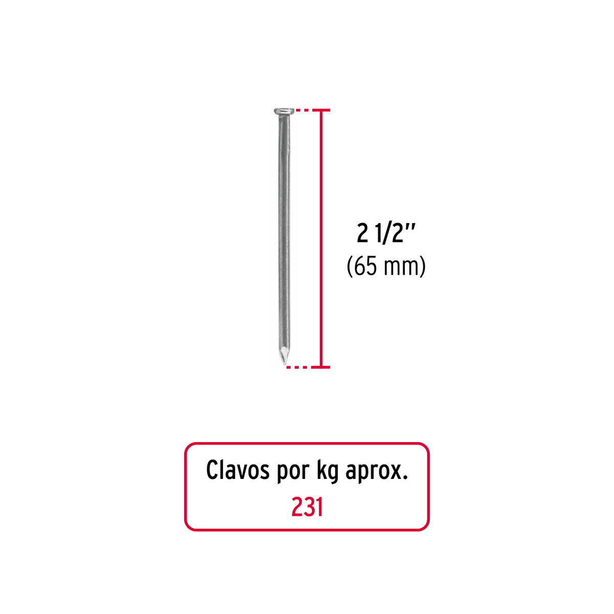 Kilo de clavo estándar 2-1/2' con cabeza en caja de 25 kg