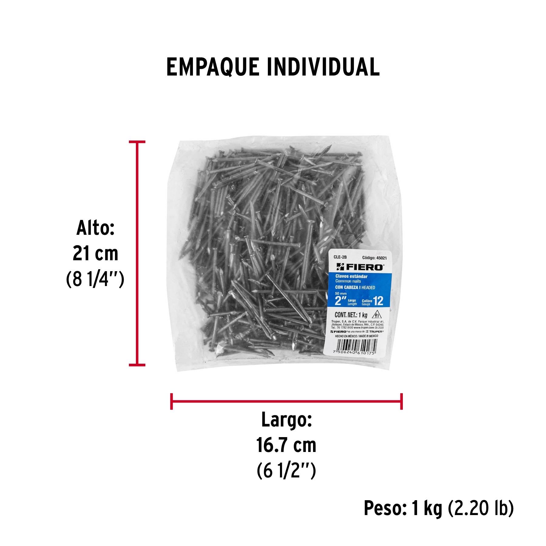 Bolsa con 1 kg de clavo estándar 2' con cabeza, FIERO