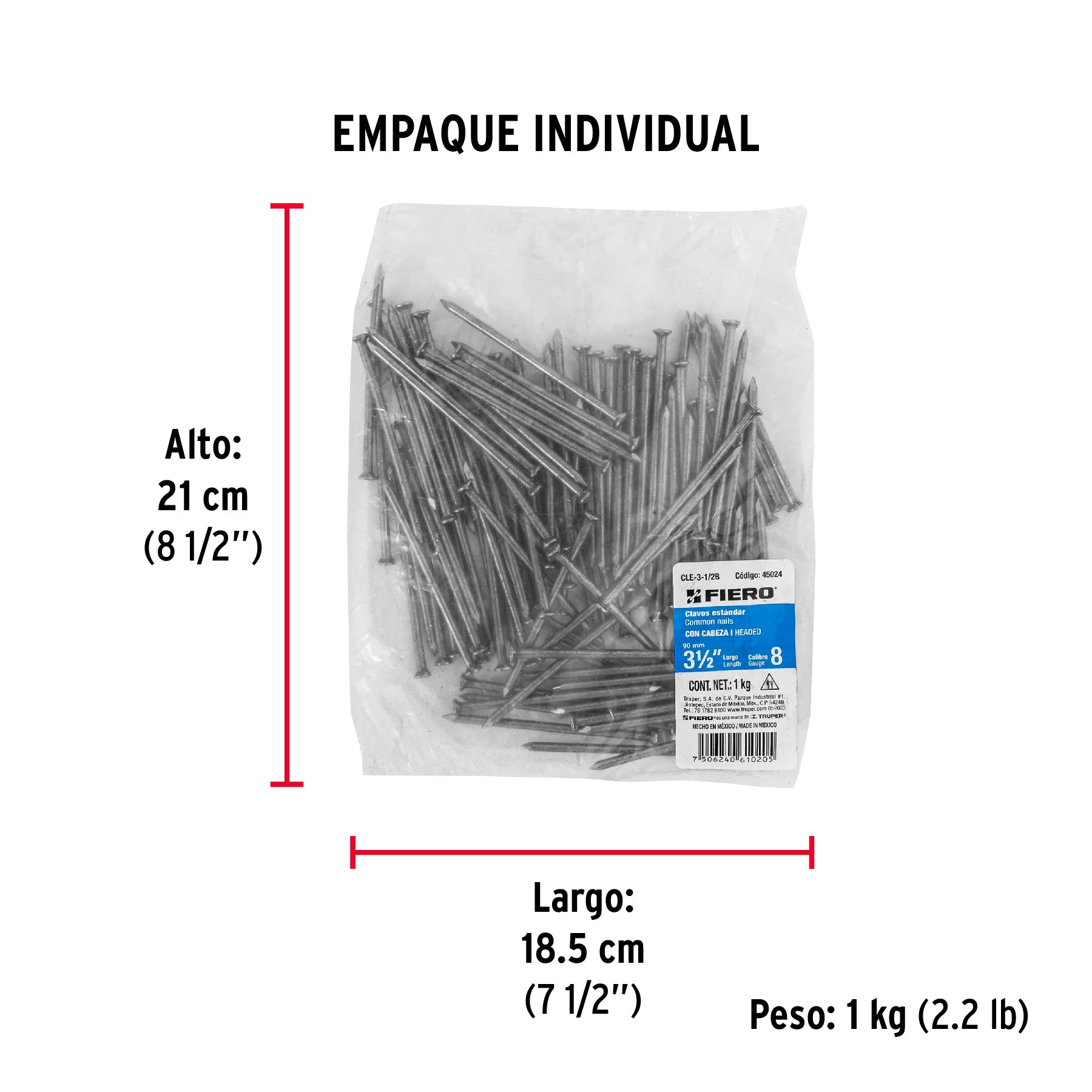 Bolsa con 1 kg de clavo estándar 3-1/2' con cabeza, FIERO