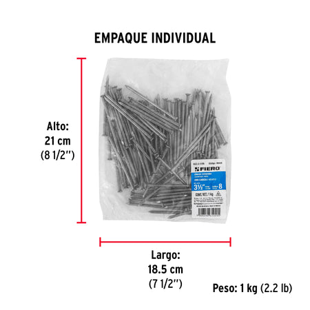 Bolsa con 1 kg de clavo estándar 3-1/2' con cabeza, FIERO