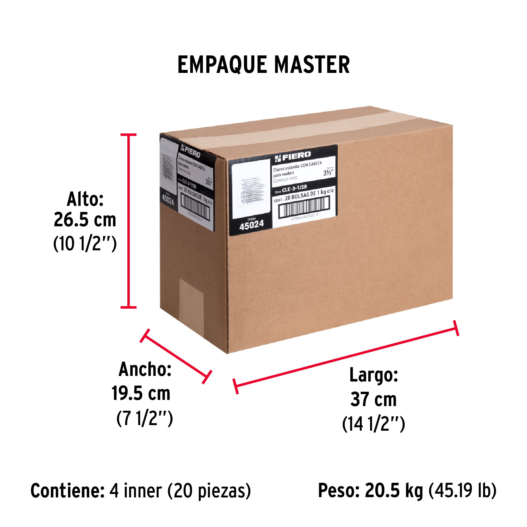 Bolsa con 1 kg de clavo estándar 3-1/2' con cabeza, FIERO