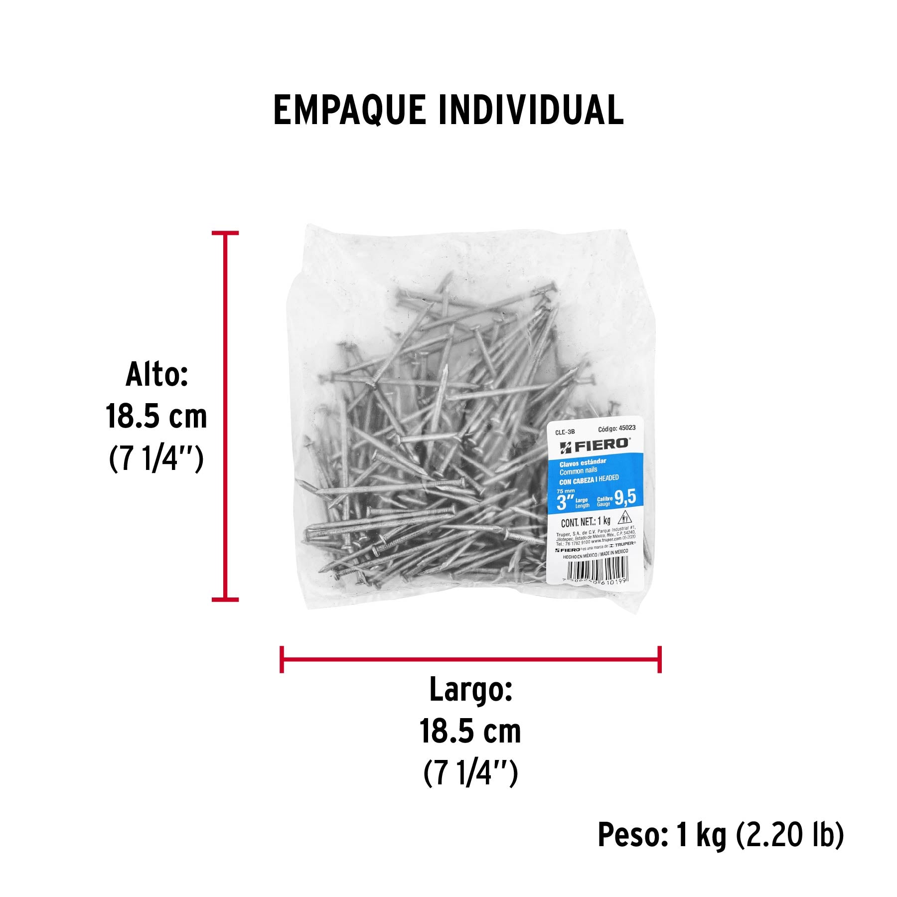 Bolsa con 1 kg de clavo estándar 3' con cabeza, FIERO