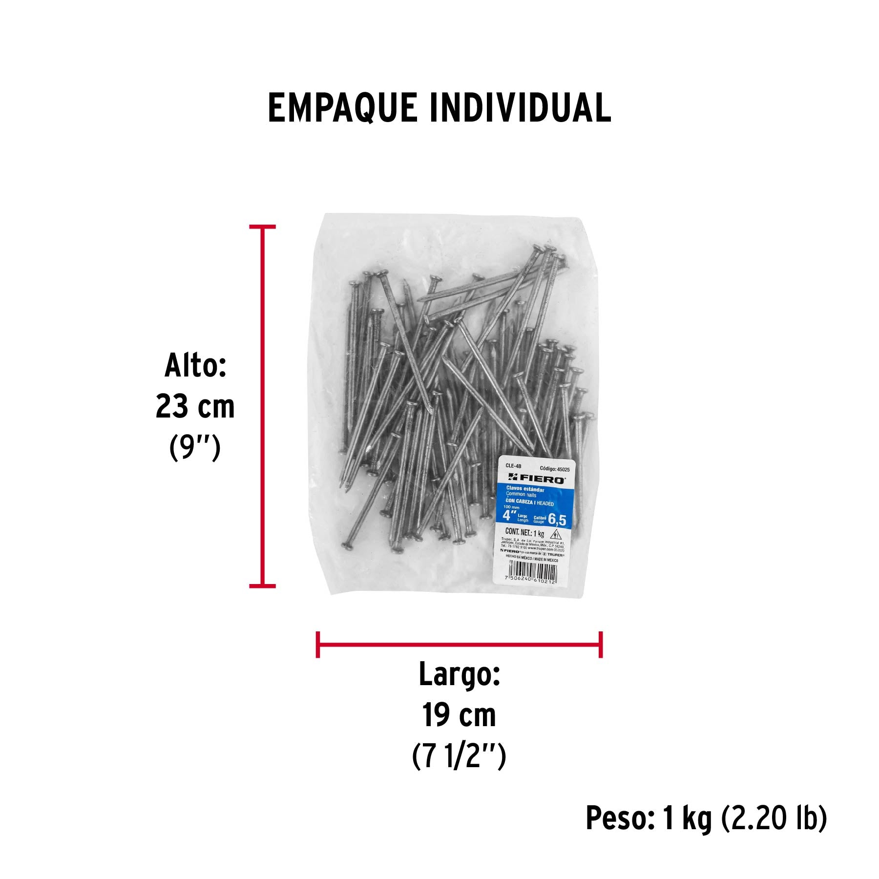 Bolsa con 1 kg de clavo estándar 4' con cabeza, FIERO