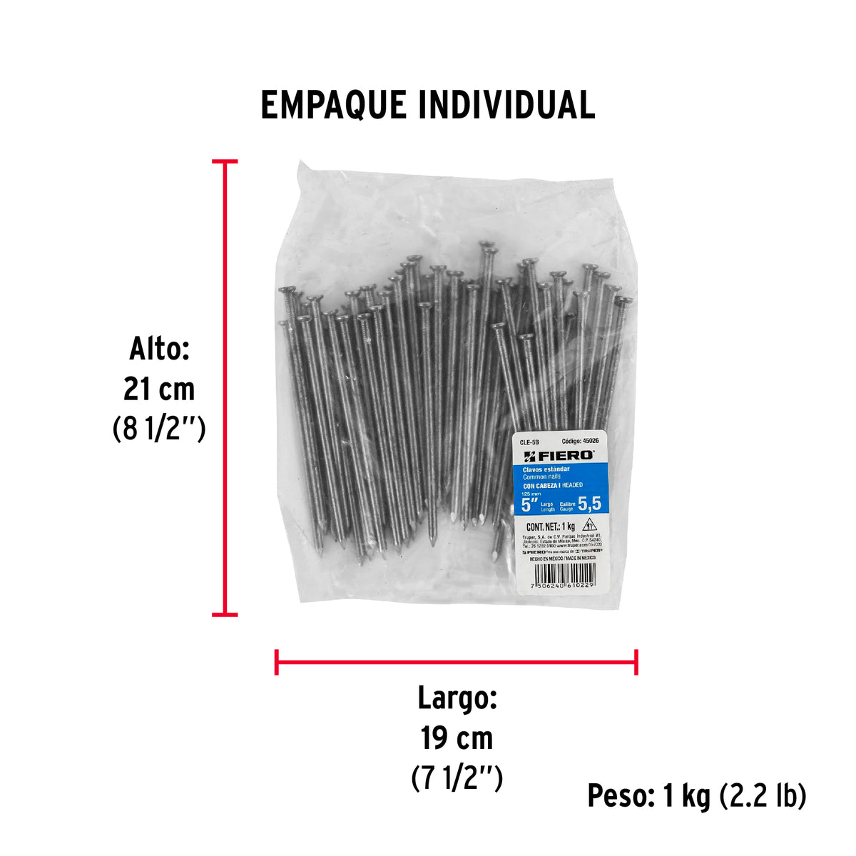 Bolsa con 1 kg de clavo estándar 5' con cabeza, FIERO