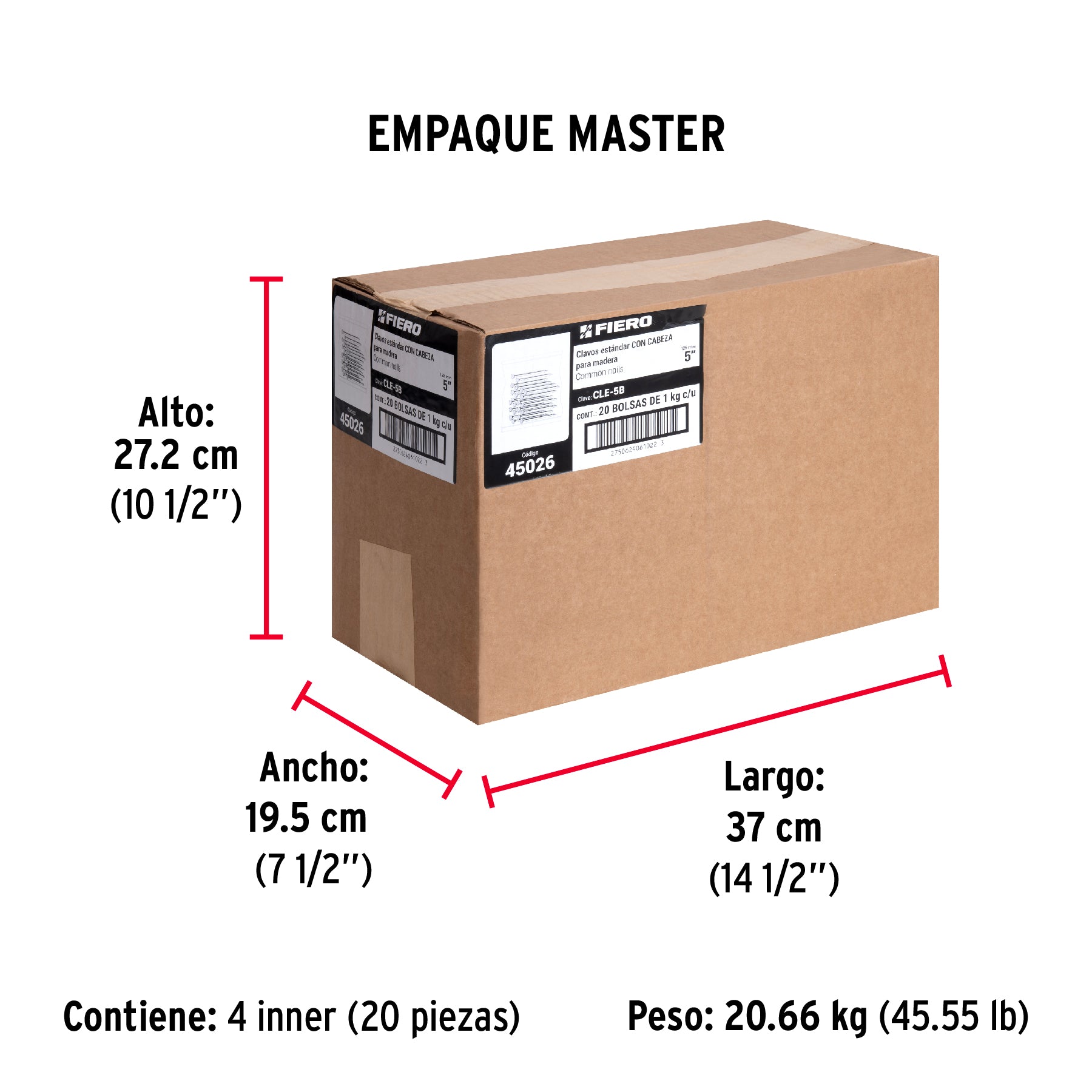 Bolsa con 1 kg de clavo estándar 5' con cabeza, FIERO