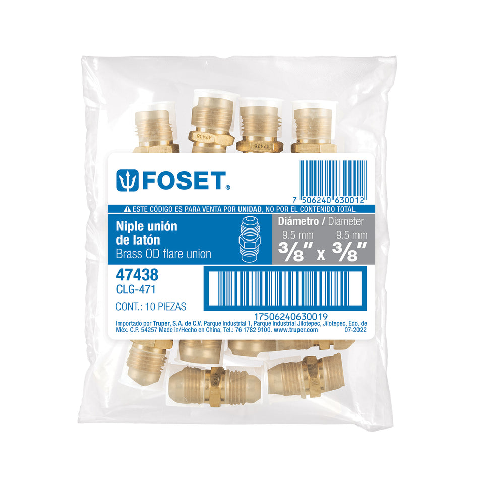 Niple unión de latón de 3/8' X 3/8', FOSET 3/8', 3/8'