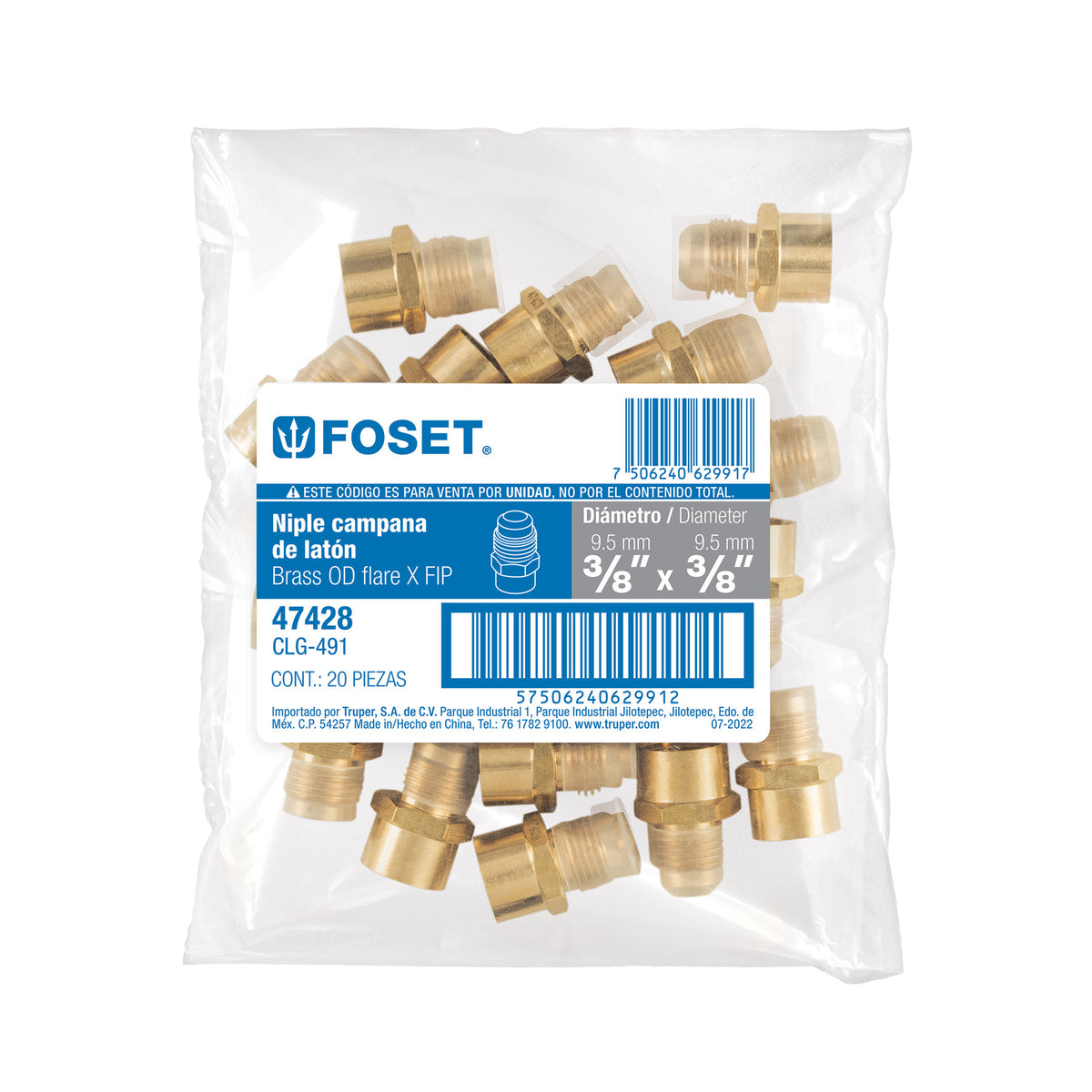 Niple campana de latón de 3/8' X 3/8', FOSET 3/8', 3/8'