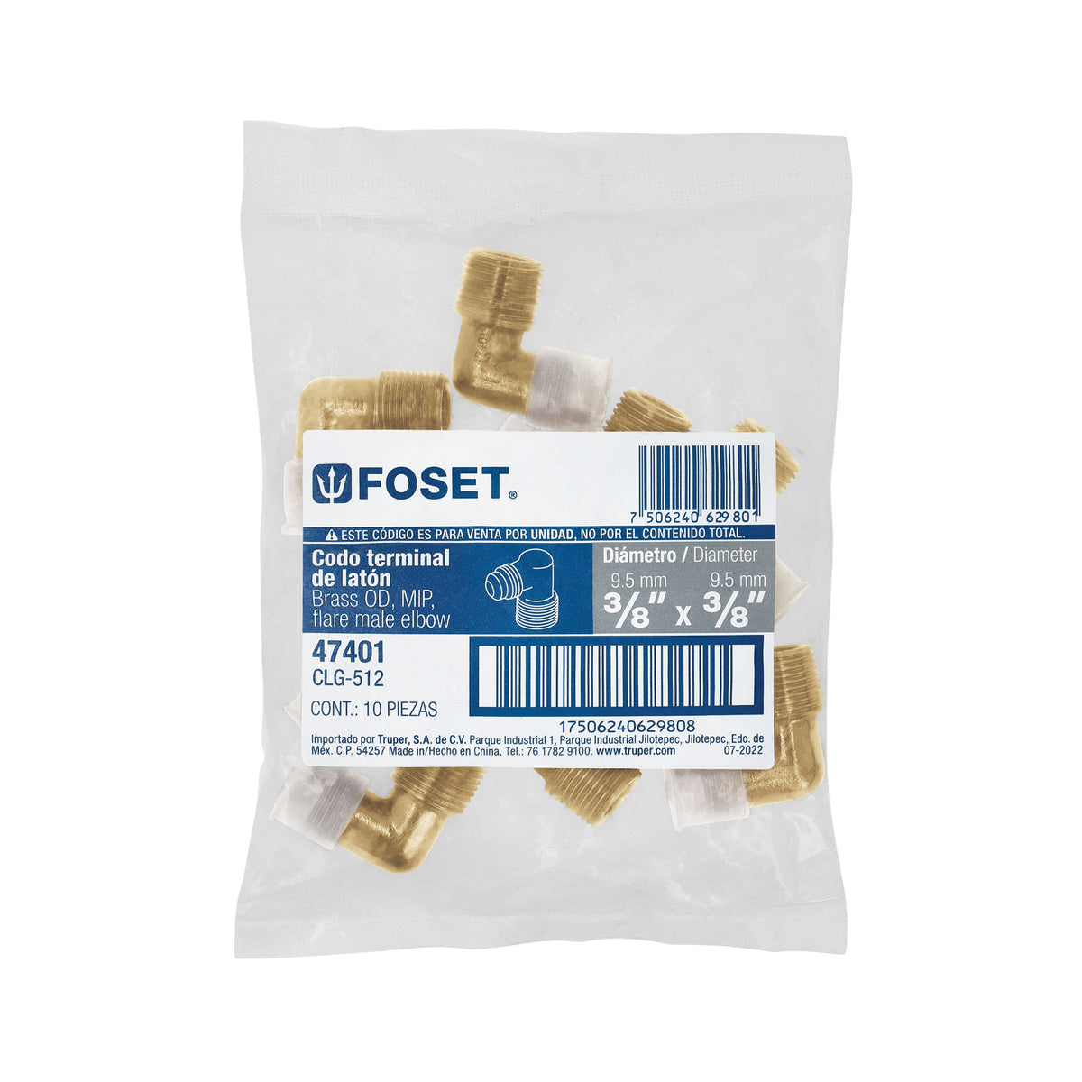 Codo terminal a 90° de laton 3/8 x FOSET 1/2"