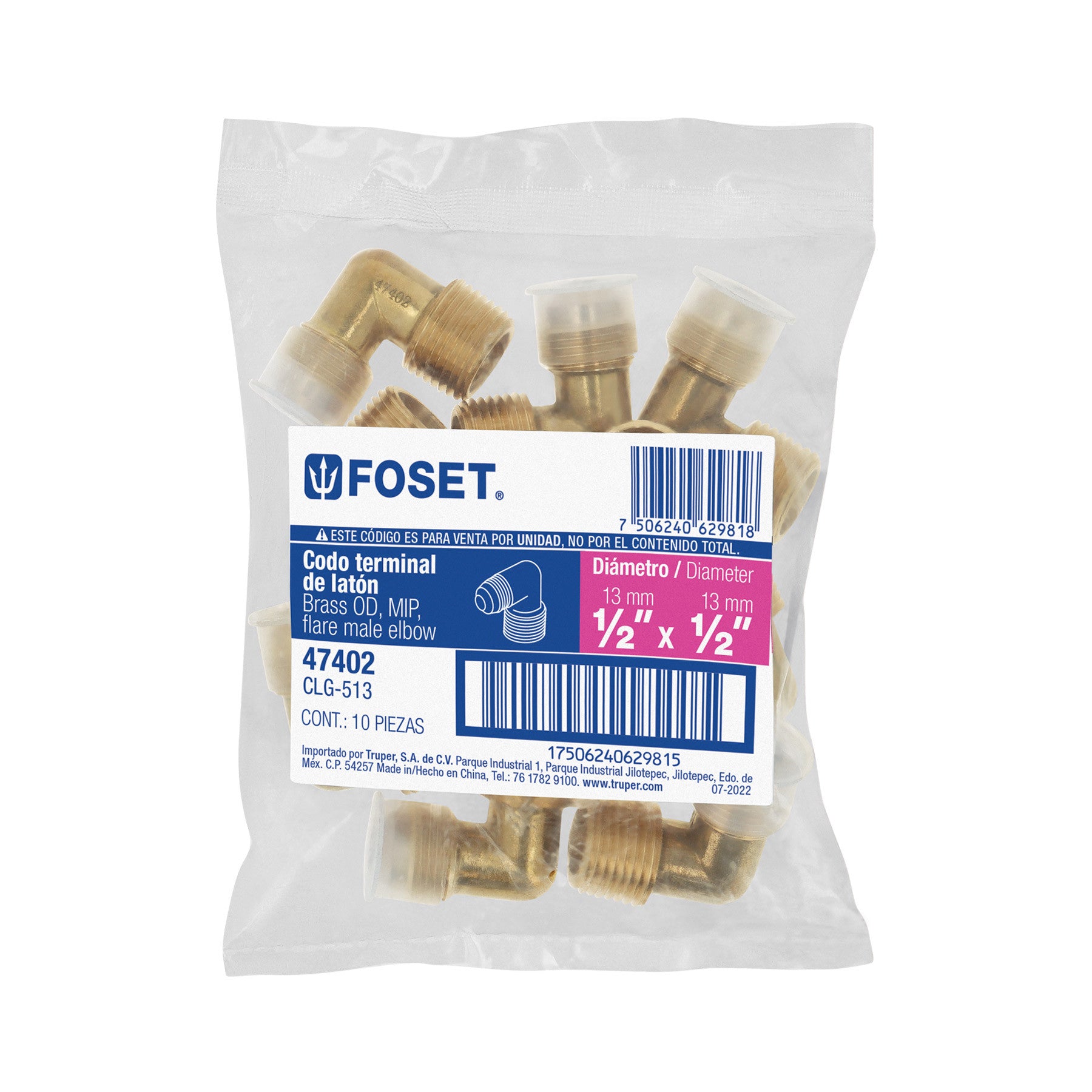 Codo terminal a 90° de laton 1/2 x 1/2" FOSET