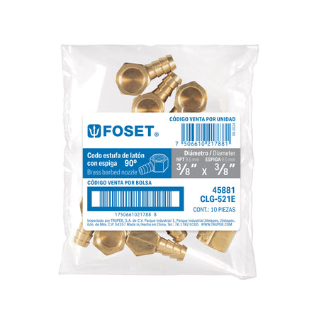 Codo estufa a 90° de laton con espiga de 3/8" FOSET