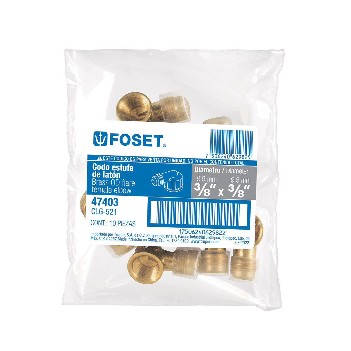 Codo para estufa a 90° de laton de 3/8 x FOSET 1/2"