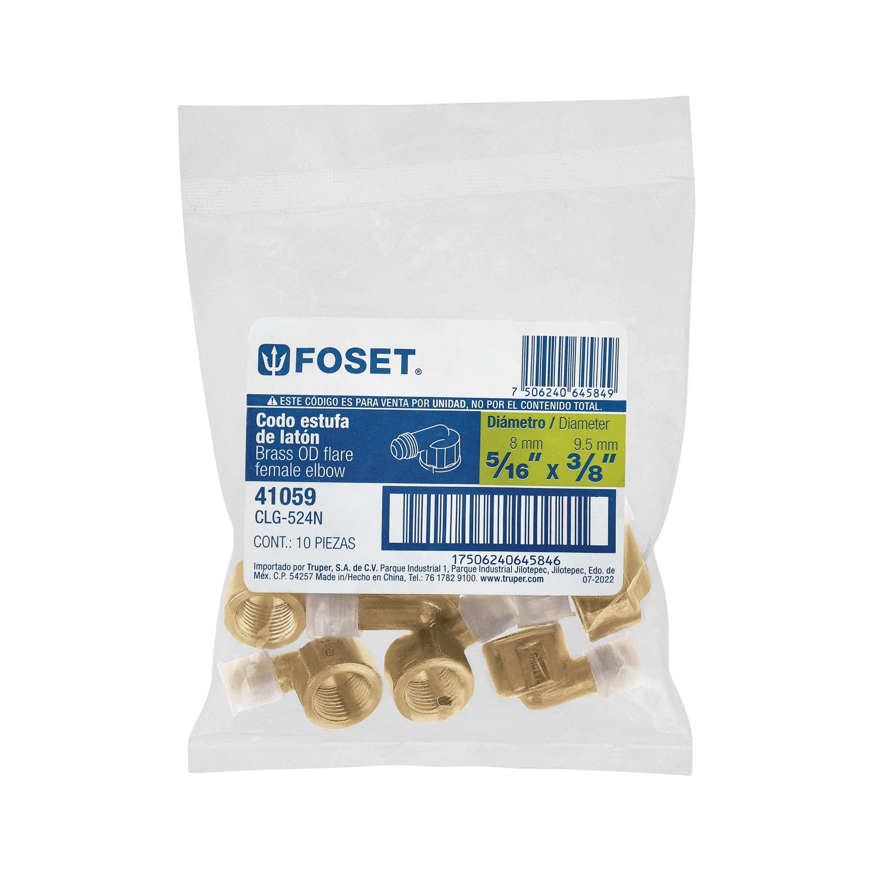 Codo para estufa a 90° de laton de 5/16" x 3/8" FOSET