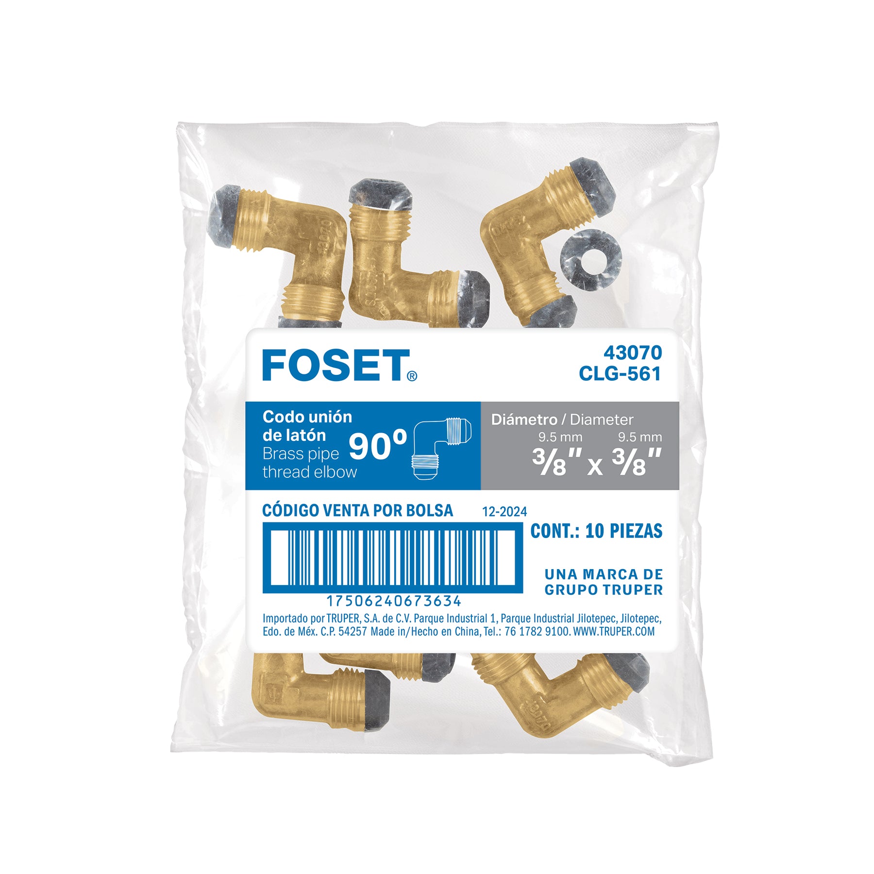 Codo union a 90° de laton de 3/8 x 3/8" FOSET