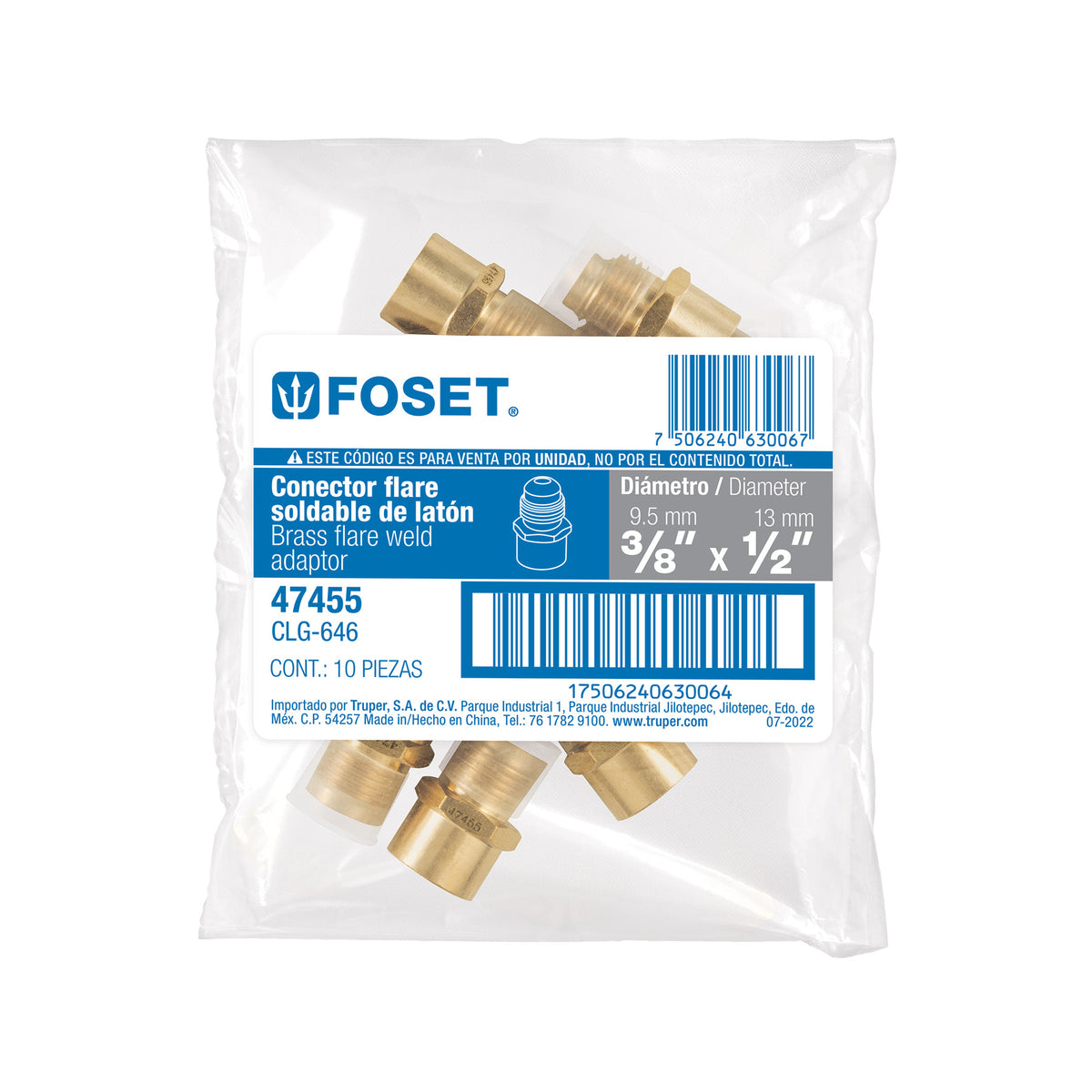 Conector flare soldable de laton 3/8" x 1/2" FOSET