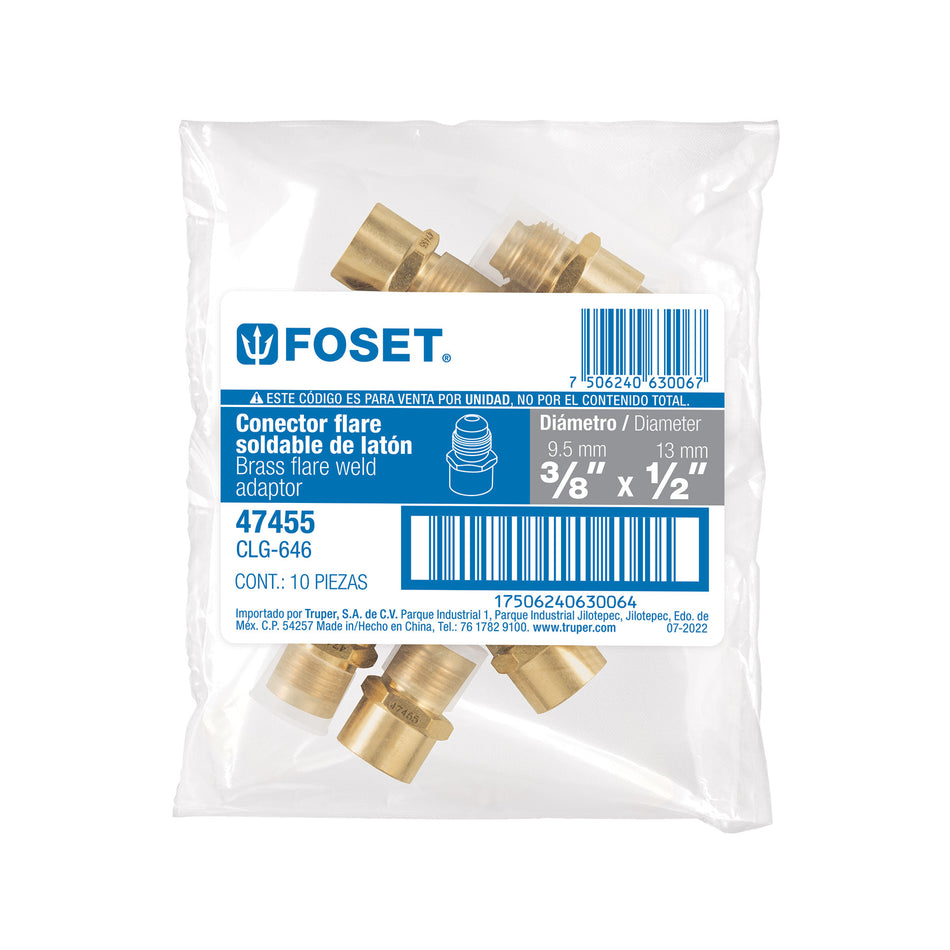 Conector flare soldable de laton 3/8" x 1/2" FOSET