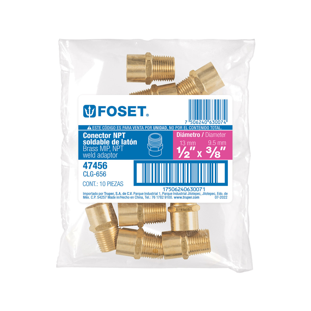 Conector NPT soldable de laton 1/2" X 3/8" FOSET