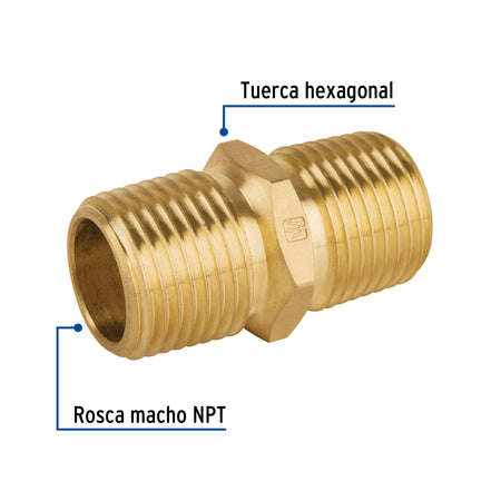 Niple union NPT de laton 1/2" con tuerca hexagonal FOSET