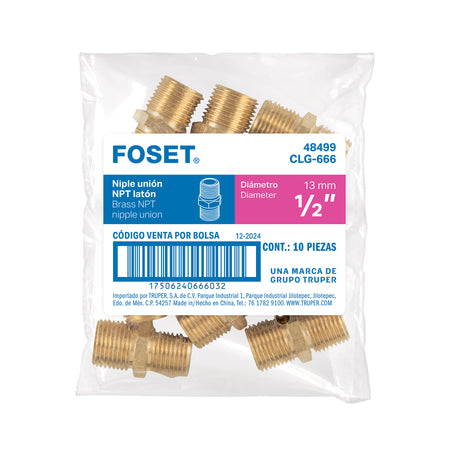 Niple union NPT de laton 1/2" con tuerca hexagonal FOSET