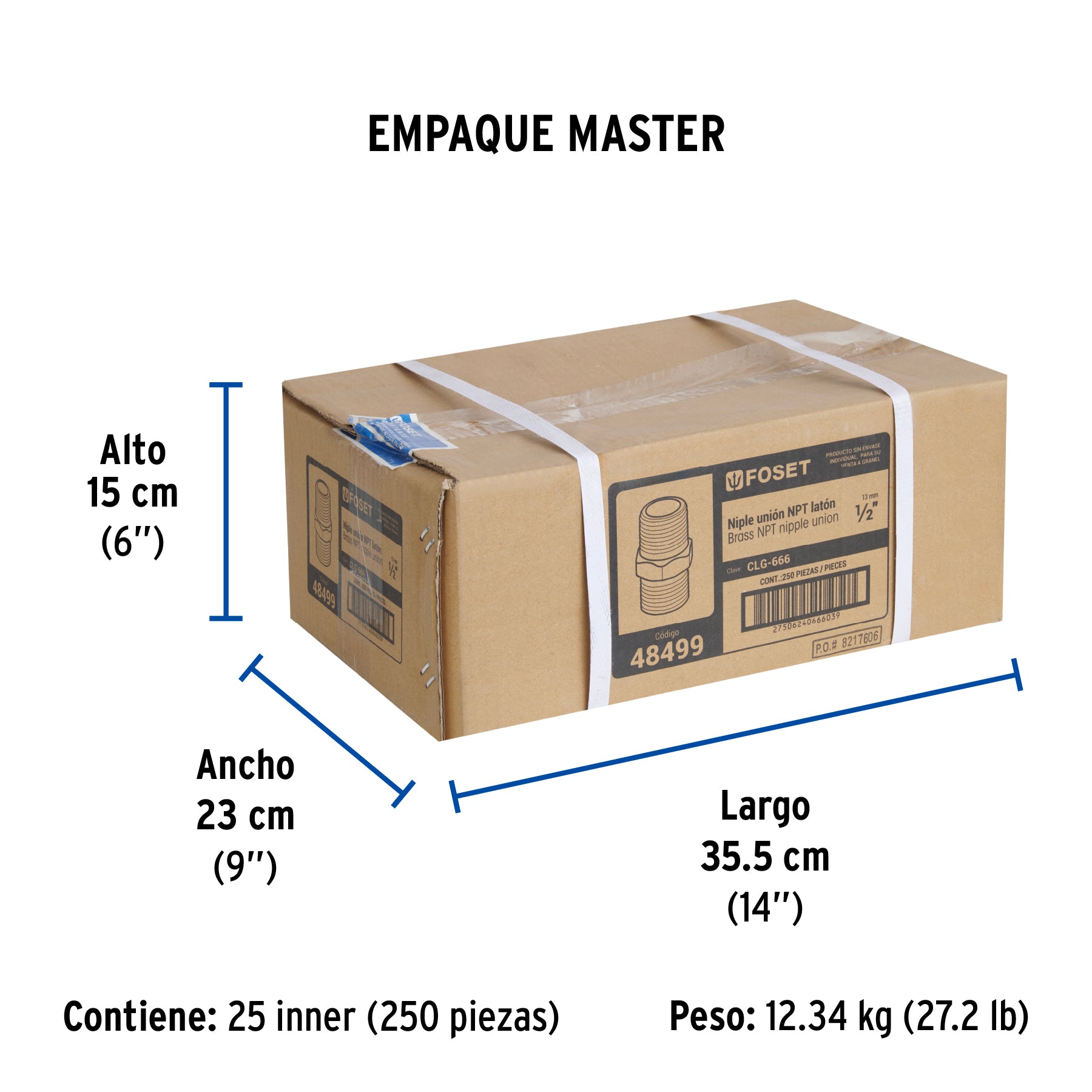Niple union NPT de laton 1/2" con tuerca hexagonal FOSET