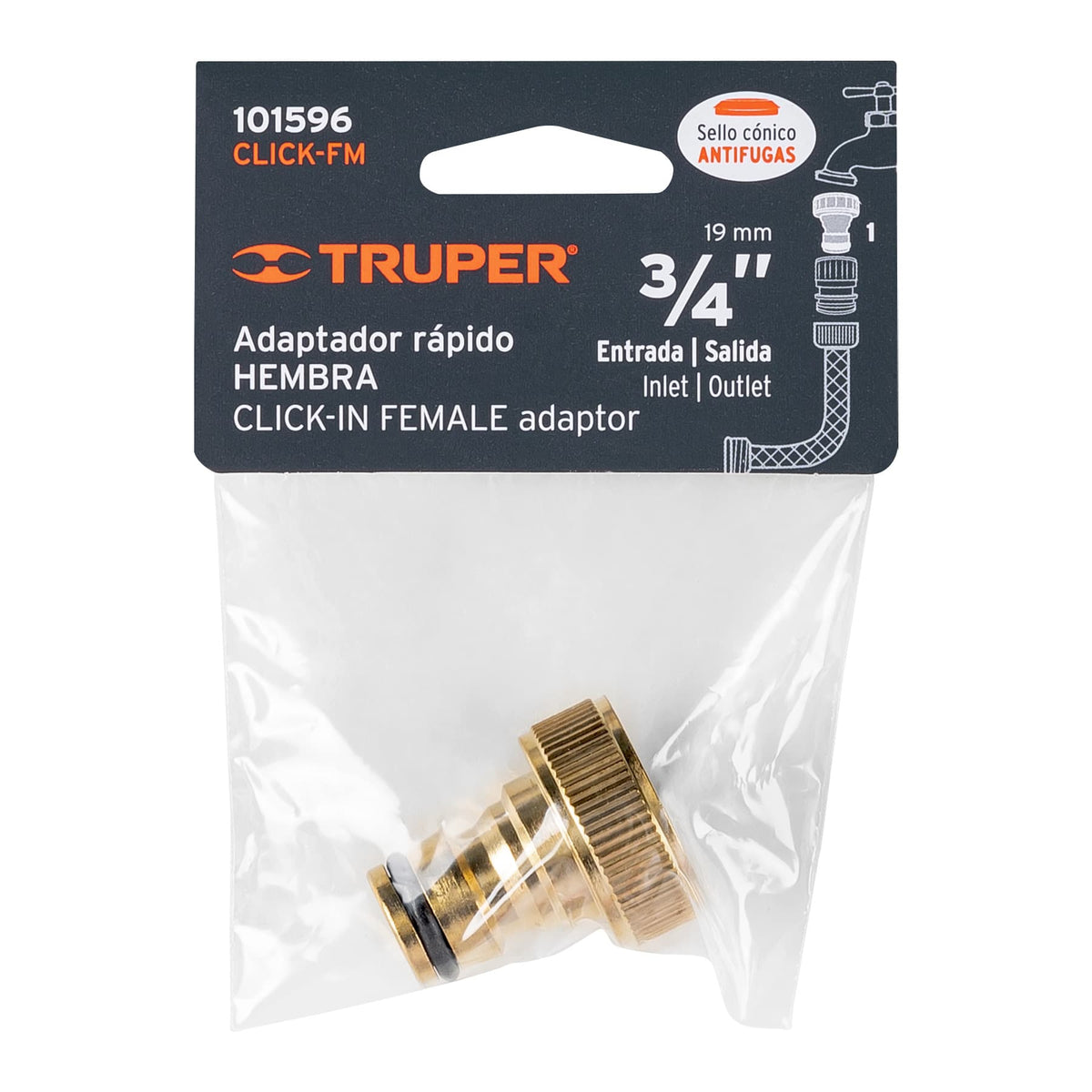 Conector 3/4" rapido hembra de laton sistema click Truper