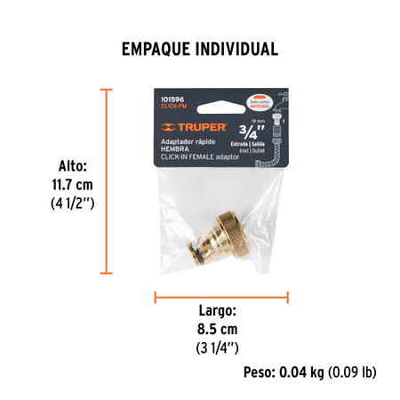 Conector 3/4" rapido hembra de laton sistema click Truper