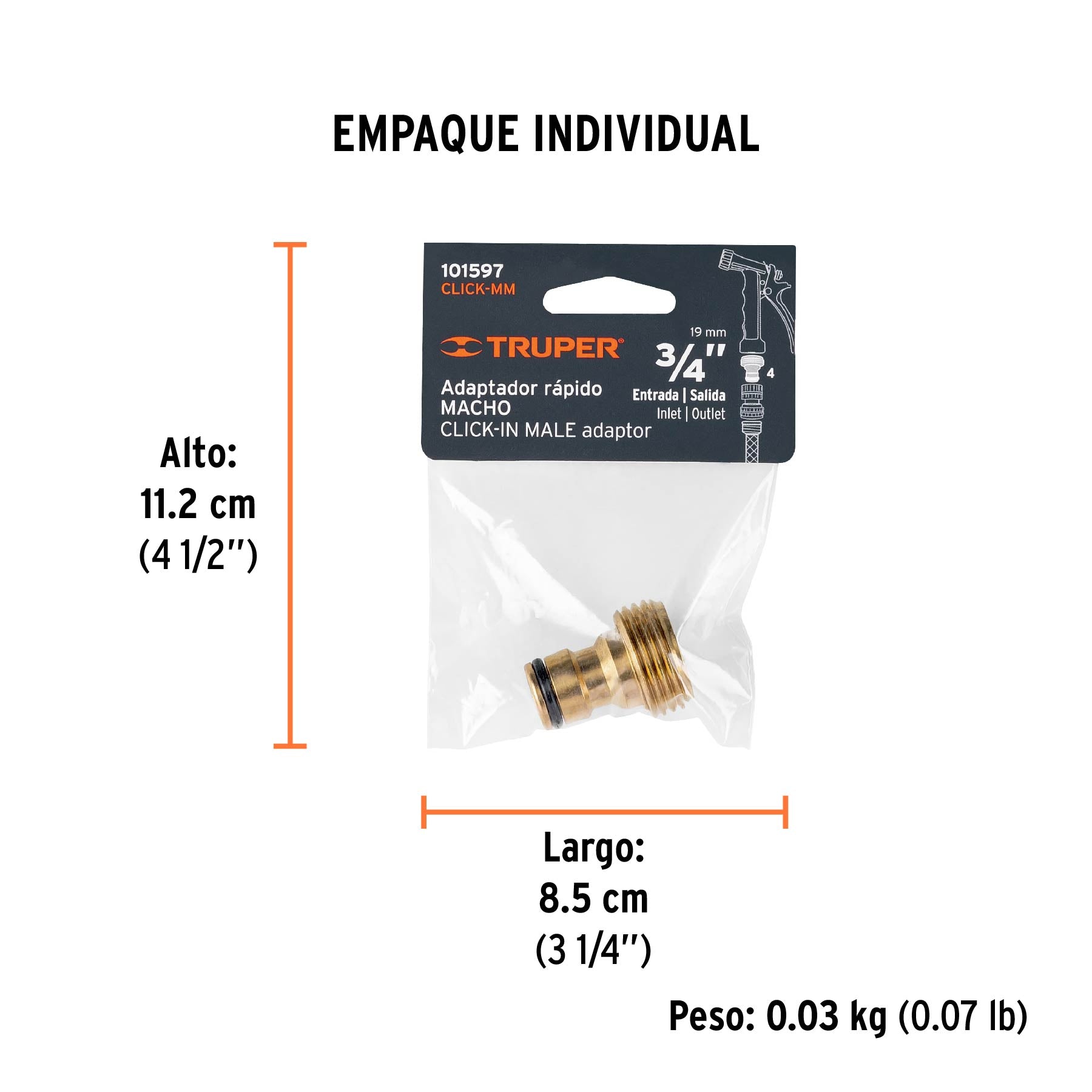 Conector 3/4" rapido macho de laton sistema click Truper