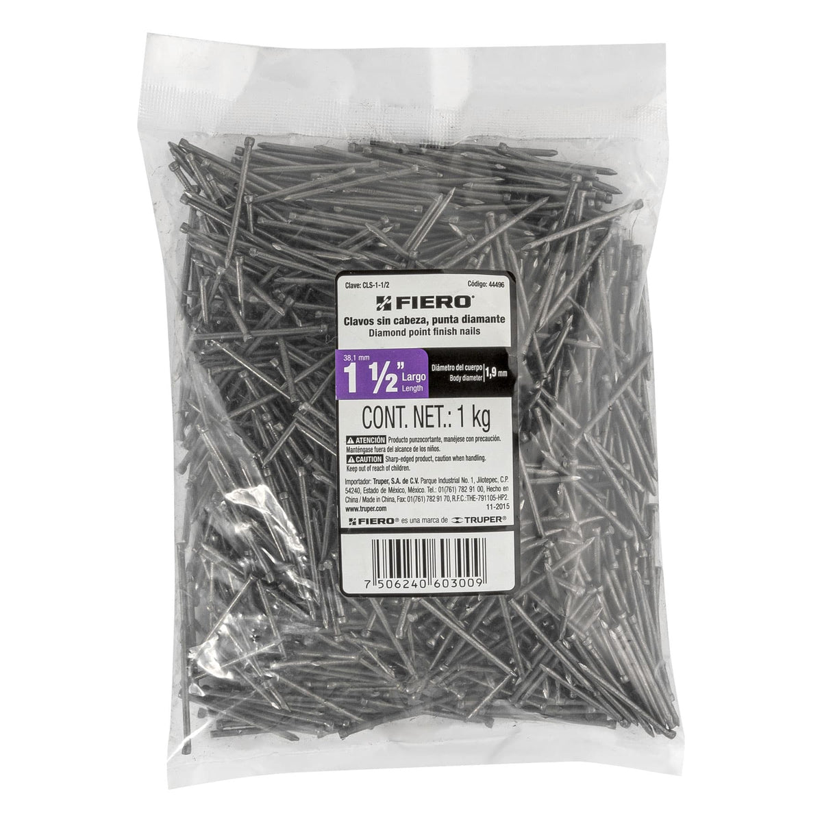 Bolsa con 1 kg de clavo estándar 1-1/2' sin cabeza, FIERO