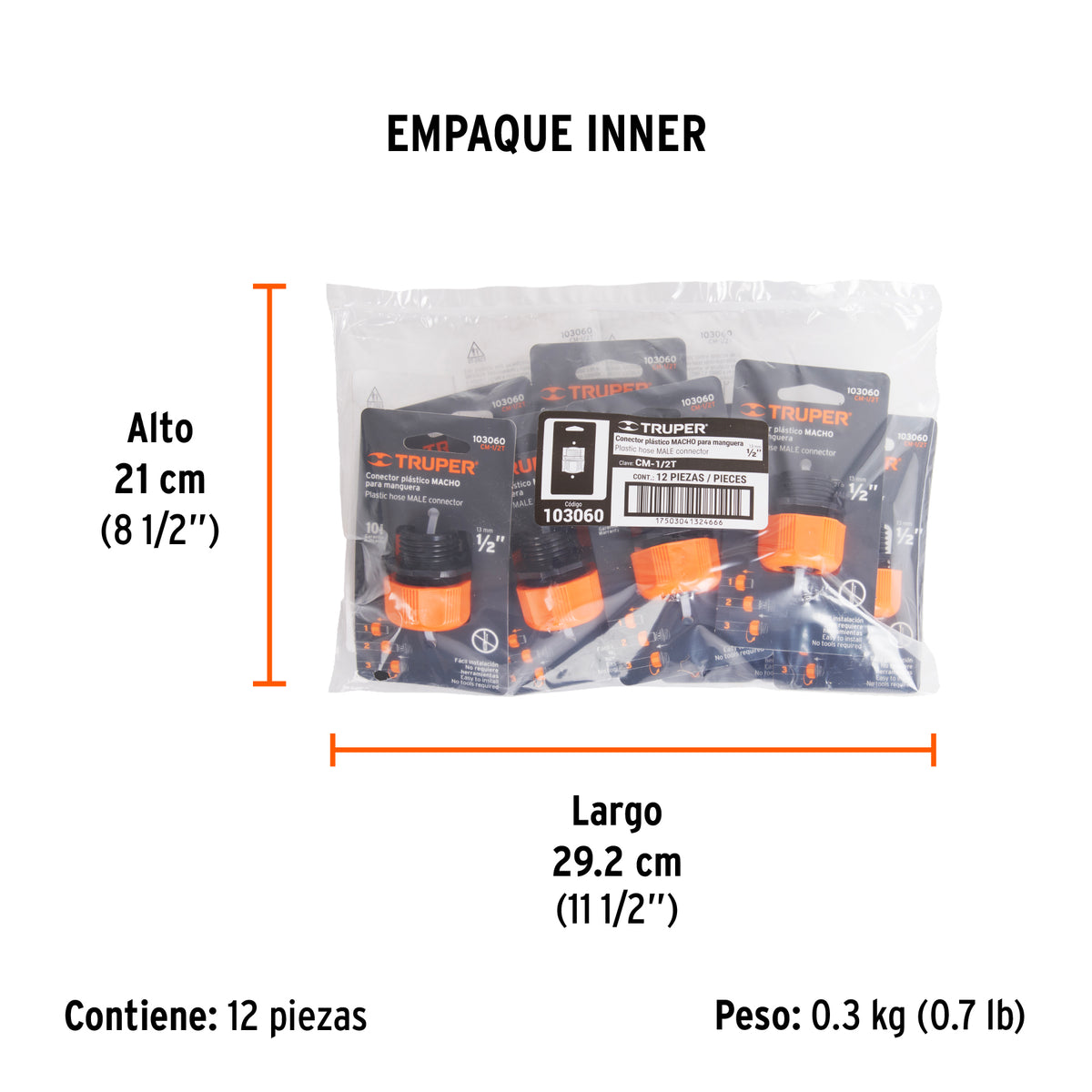 Conector 1/2" macho de ABS con tuerca de ajuste manual