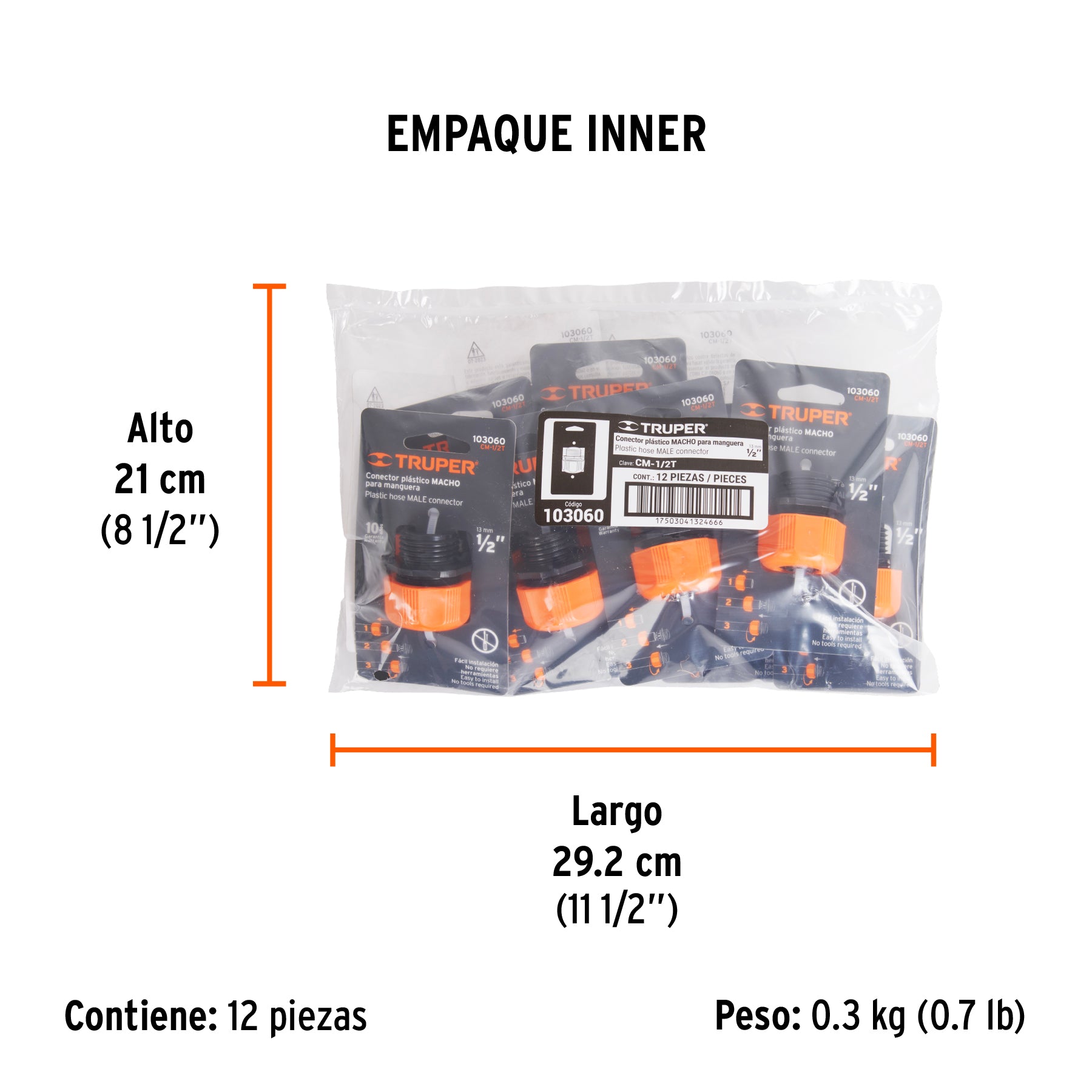 Conector 1/2" macho de ABS con tuerca de ajuste manual