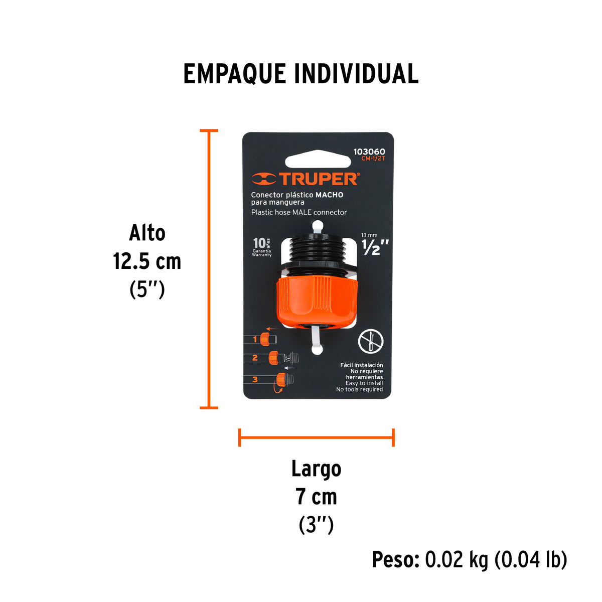 Conector 1/2" macho de ABS con tuerca de ajuste manual