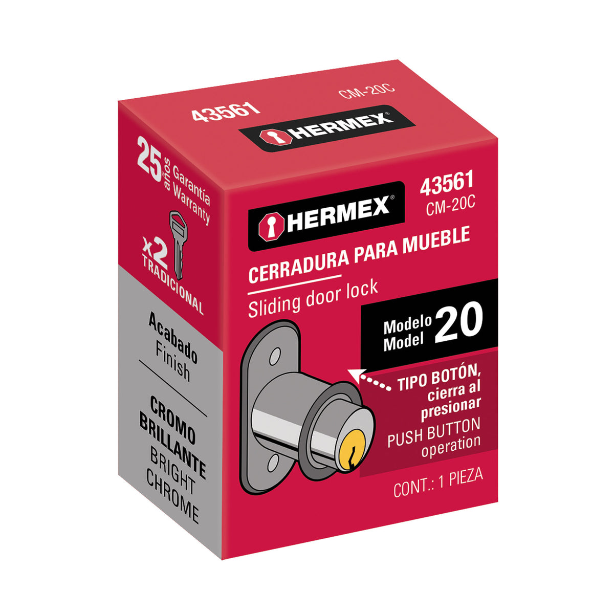Cerradura para mueble, modelo 20, cromo, HERMEX