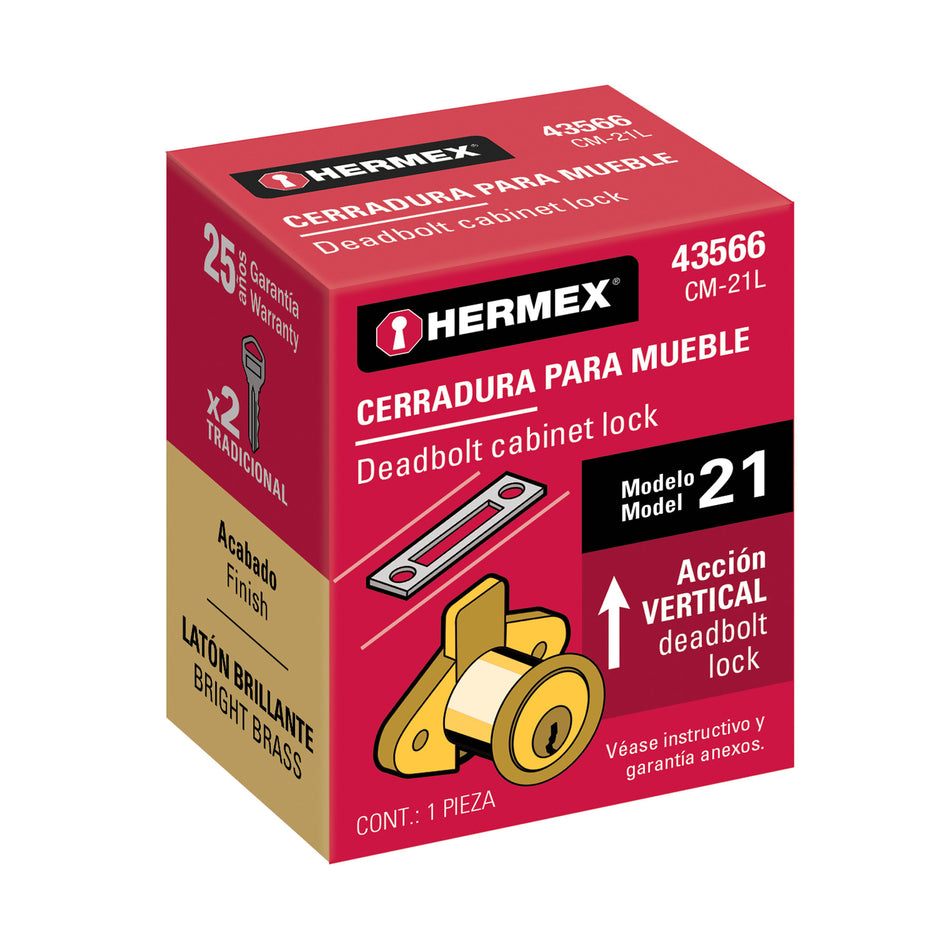 Cerradura para mueble, modelo 21, latón, HERMEX