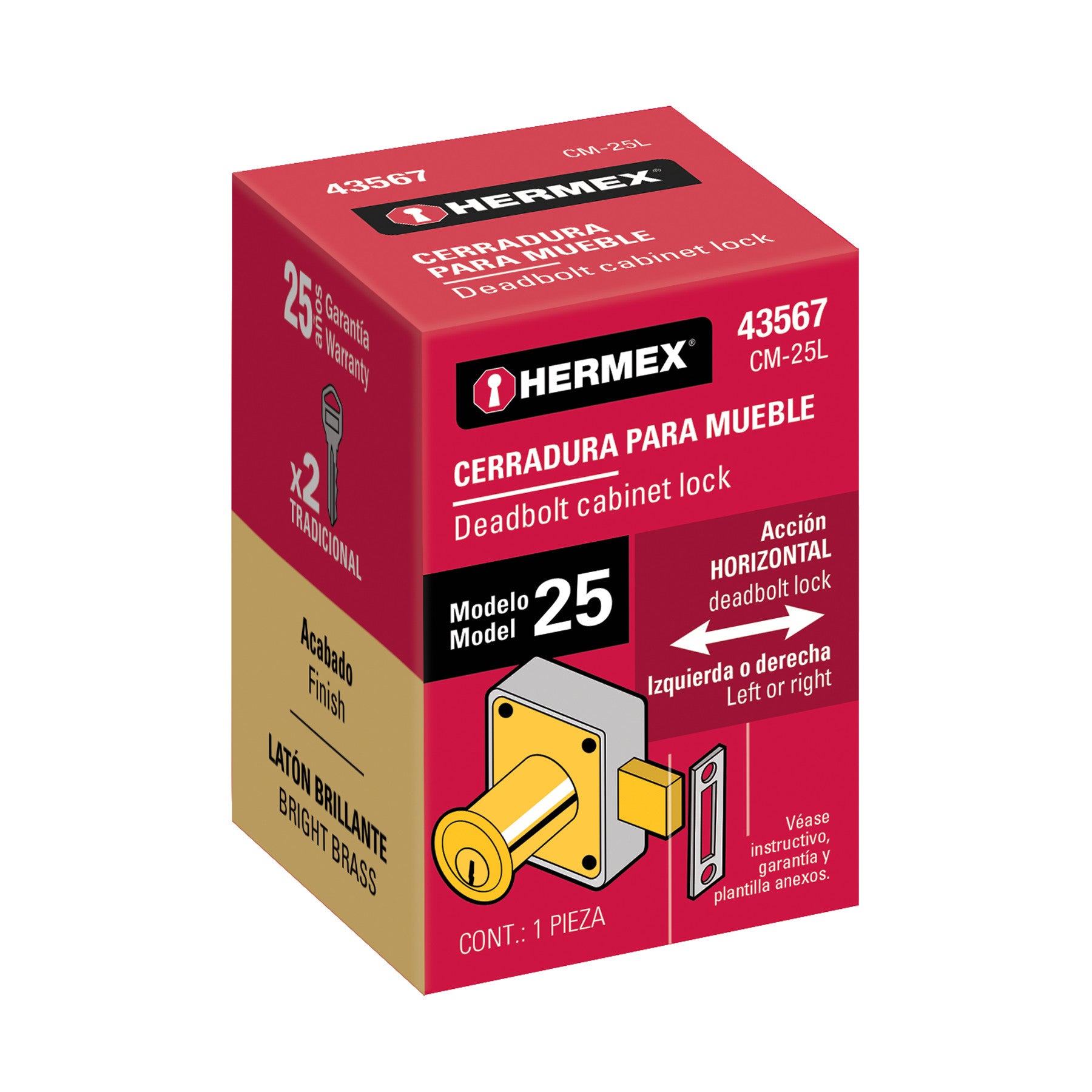 Cerradura para mueble, modelo 25, latón, HERMEX