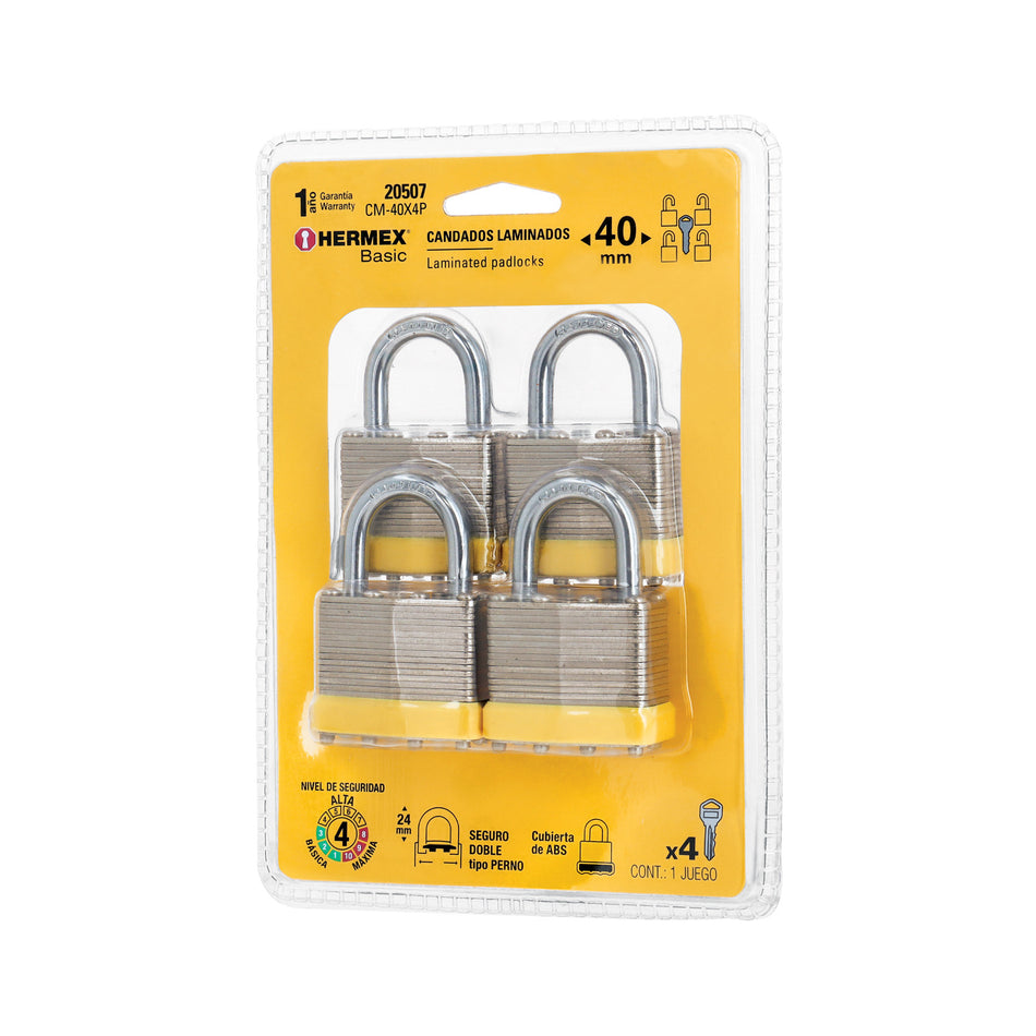 Juego de 4 candados cuerpo laminado HERMEX BASIC 40mm