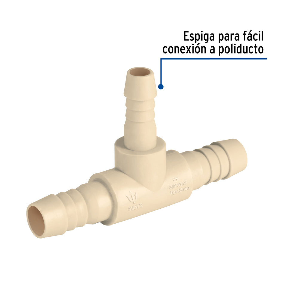 Tee reducida insercion central 3/4" x 1/2" de polipropileno