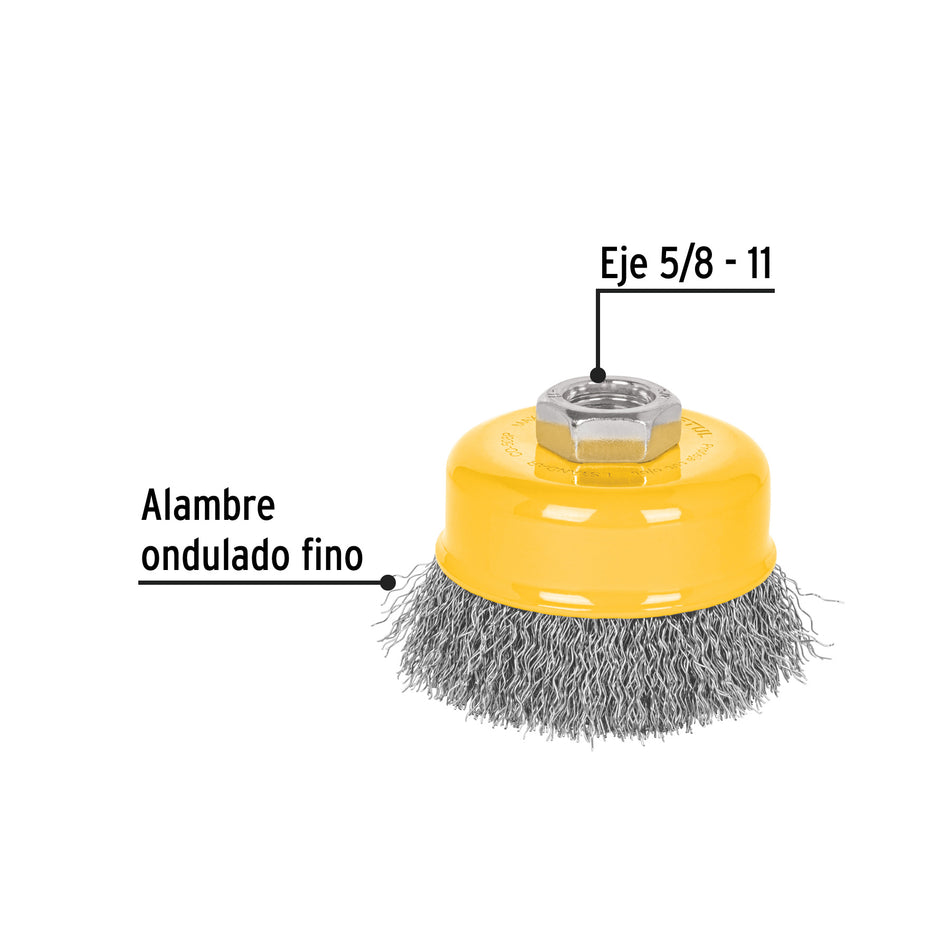 Carda copa 3' alambre ondulado fino, eje 5/8'-11, Pretul