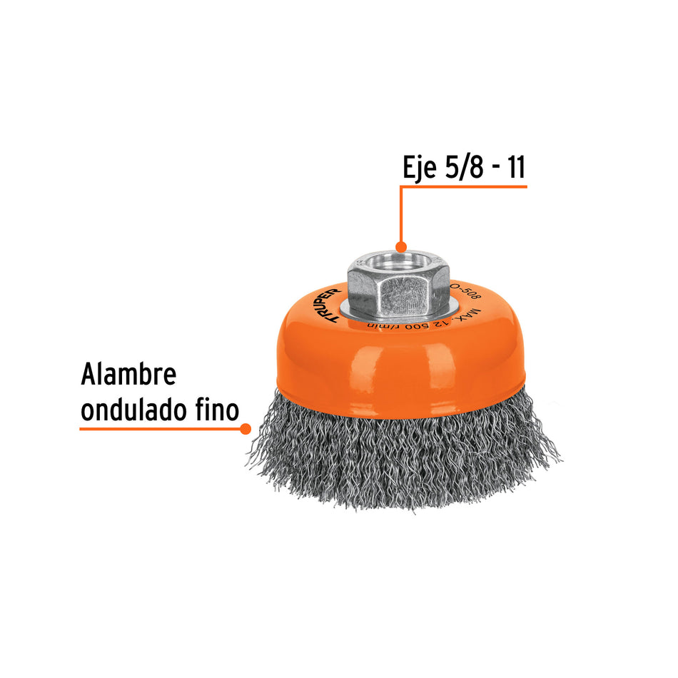 Carda copa 3' alambre ondulado fino, eje 5/8'-11, Truper