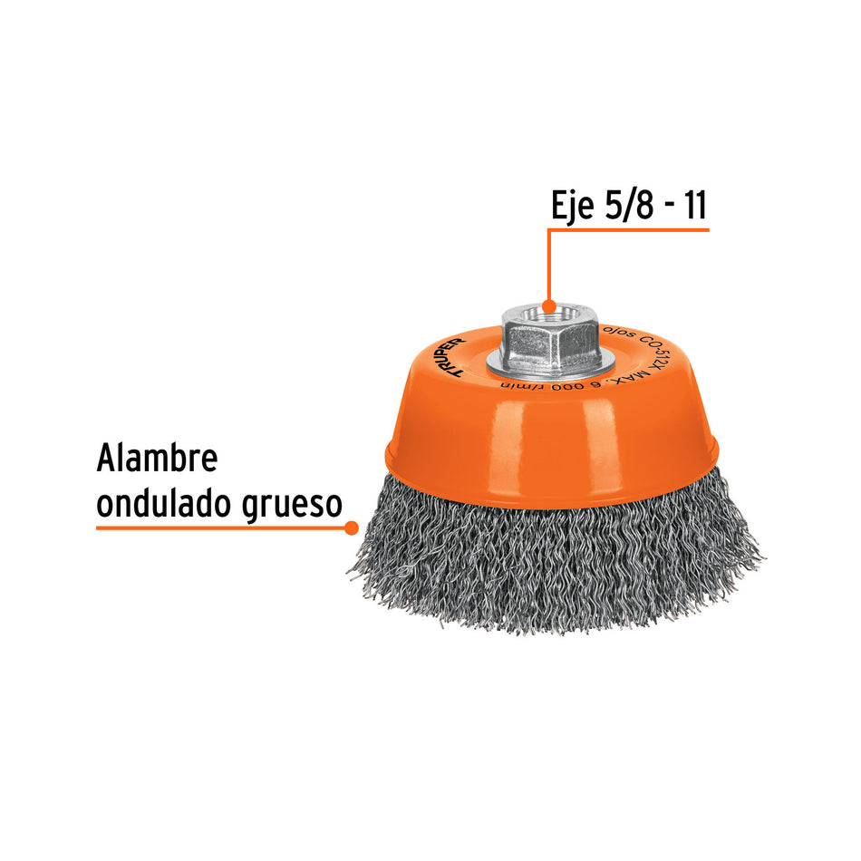 Carda copa 5' alambre ondulado grueso, eje M14, Truper