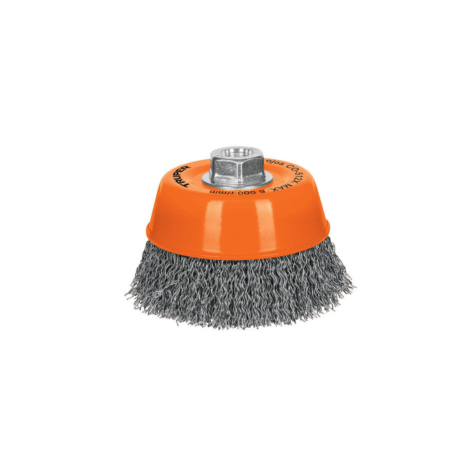 Carda copa 5' alambre ondulado grueso, eje M14, Truper