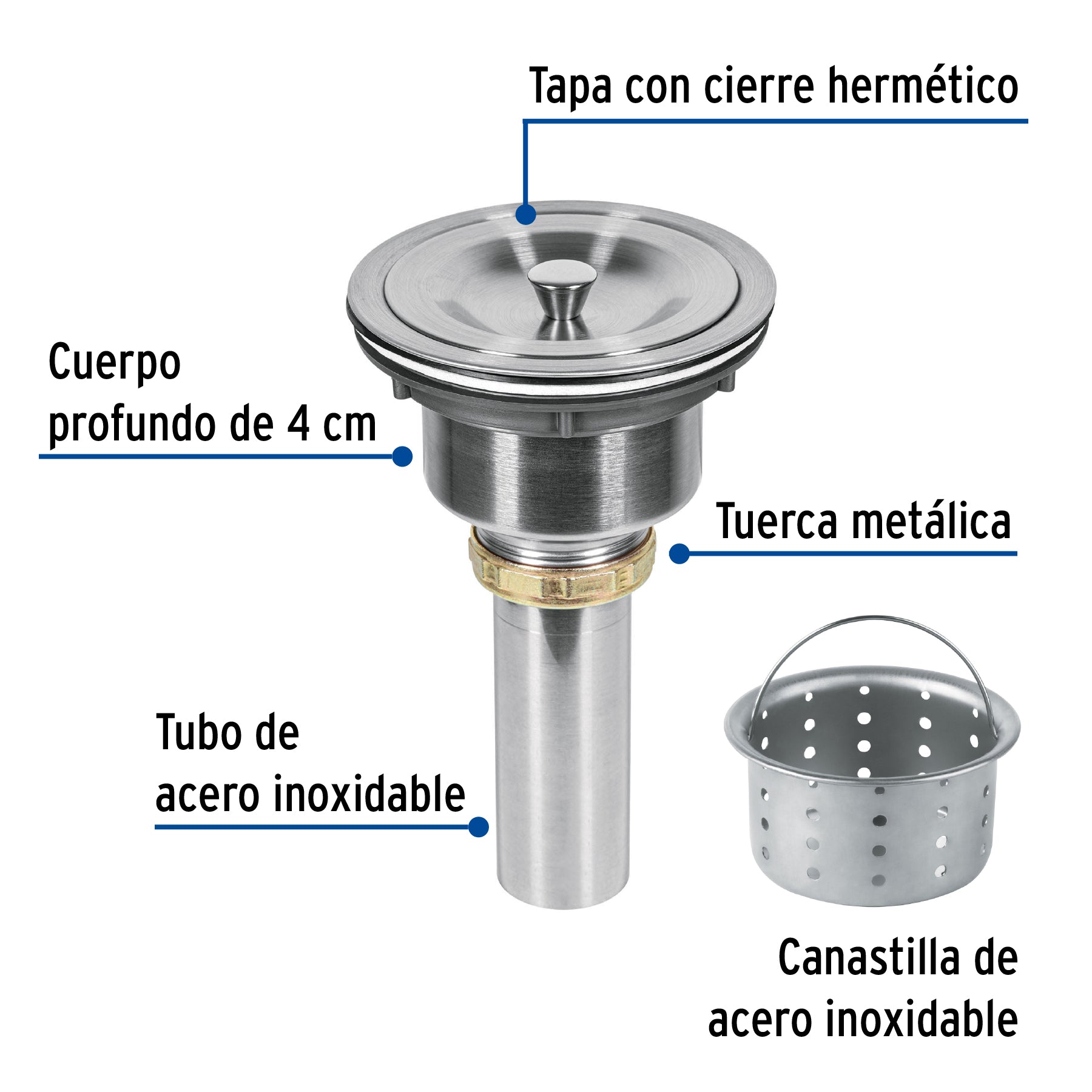 Contracanasta 3-1/2" inox cuerpo profundocon tapa RIVIERA