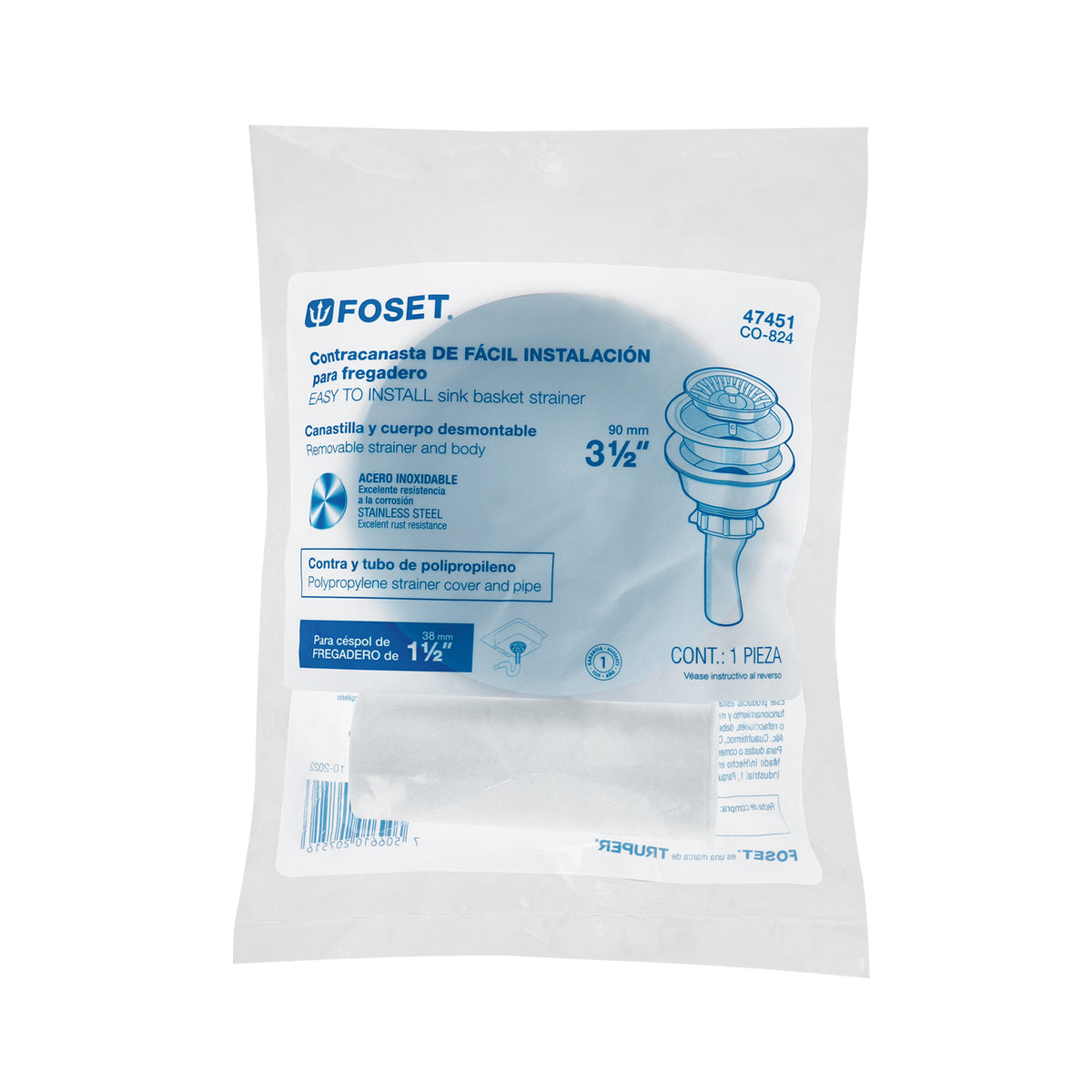 Contracanasta 3-1/2" inox instalafacil tubo plastico FOSET