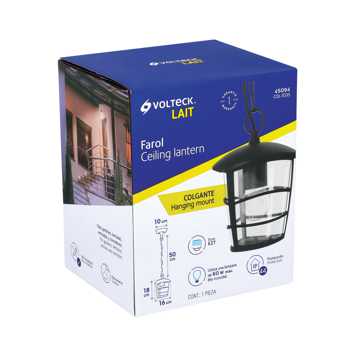 Arbotante tipo farol moderno colgante para exteriores, negro